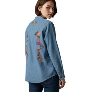 Coldwater Creek Womens Denim Shirt Blue Floral Embroidered Button Up Size S